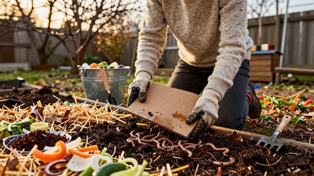 Person wearing gloves lifting cardboard to reveal earthworms in a raised garden bed outdoors at sunset.