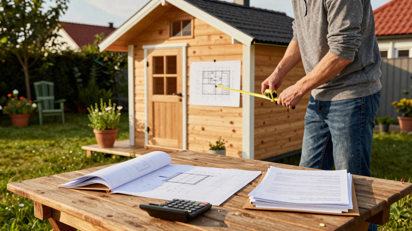 Person measuring a small wooden shed outside with blueprints and documents on a wooden table nearby.