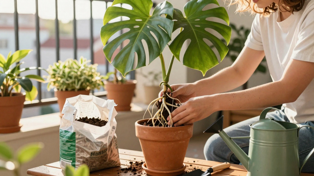 Person repotting a monstera plant indoors with gardening tools and soil on a wooden table.