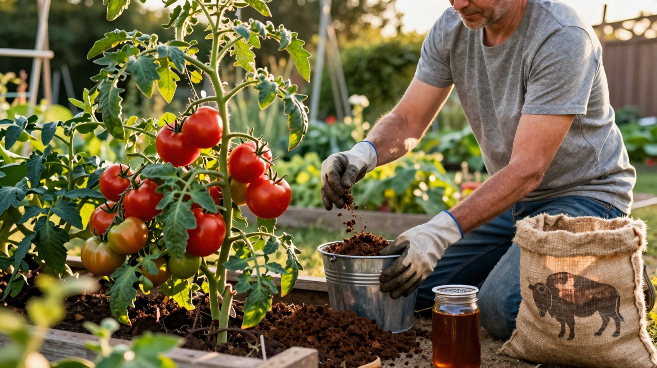 Man in gloves gardening with tomato plants, adding soil to a metal bucket in a sunny garden.