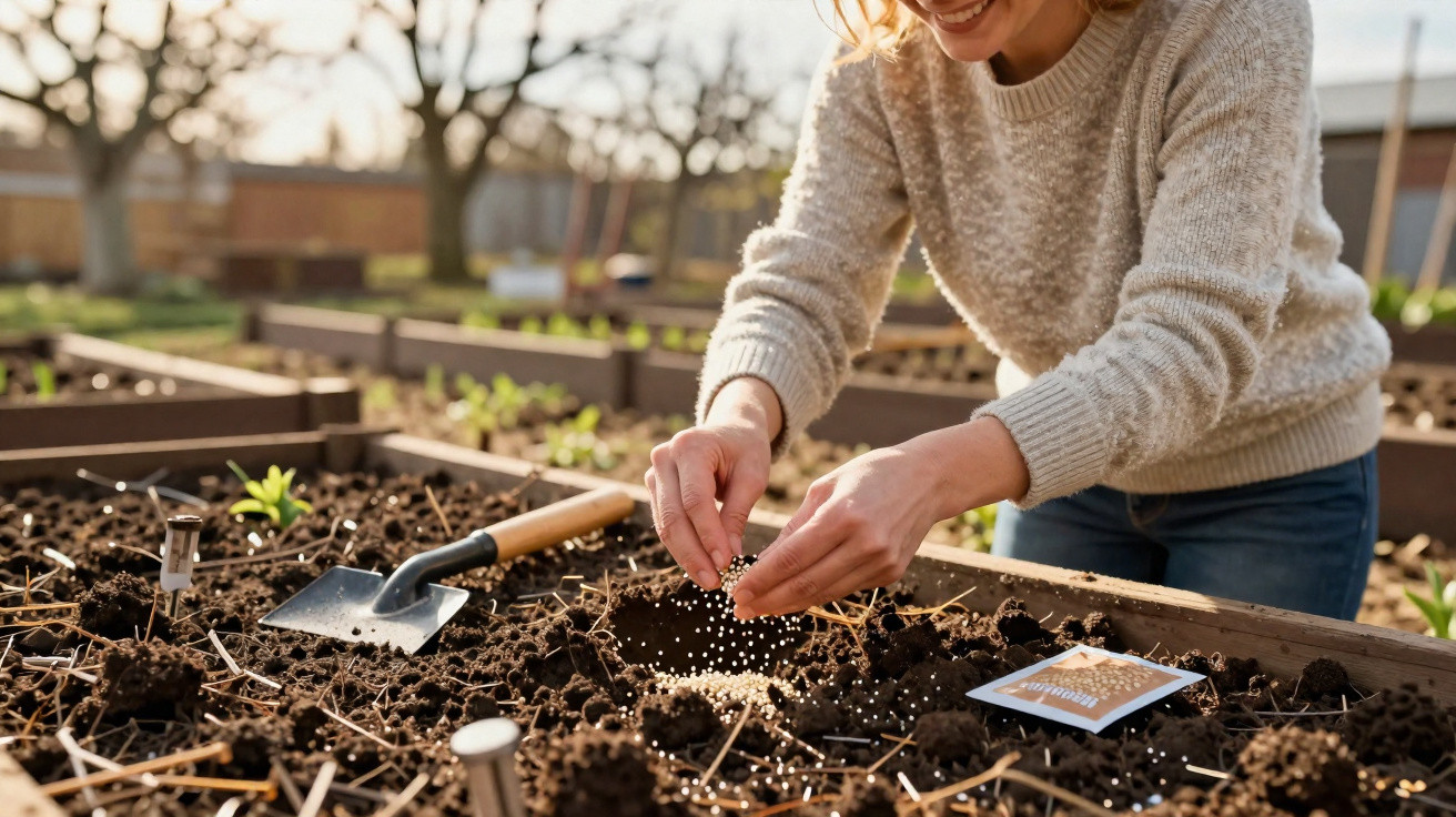 Person planting seeds in soil of raised garden bed during daytime, with gardening trowel nearby.