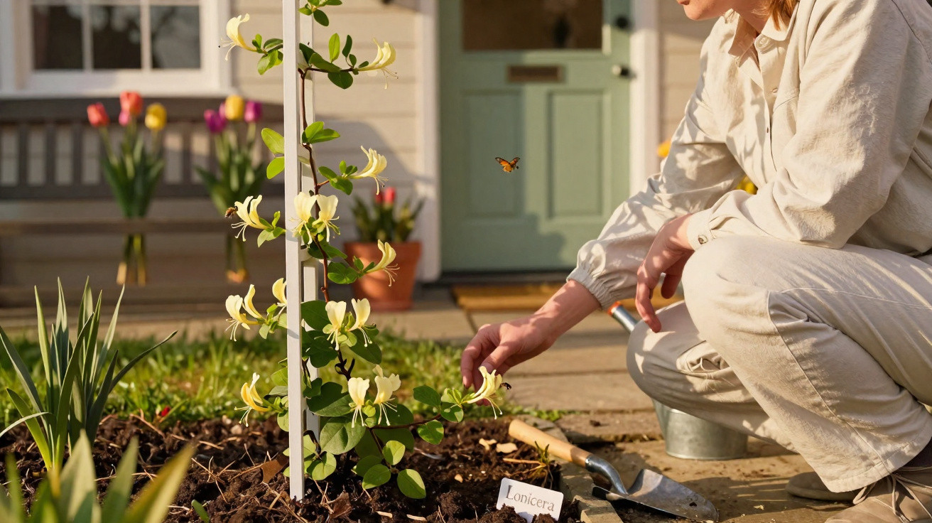 Person tending to a honeysuckle plant in a garden bed outside a house with a butterfly nearby.