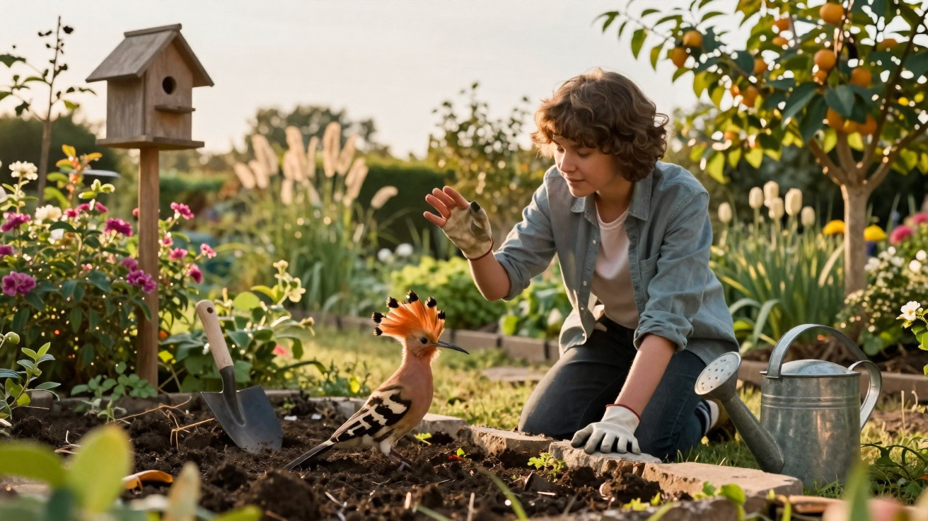 Child wearing gardening gloves reaching out to a hoopoe bird in a sunny garden with flowers and a birdhouse.