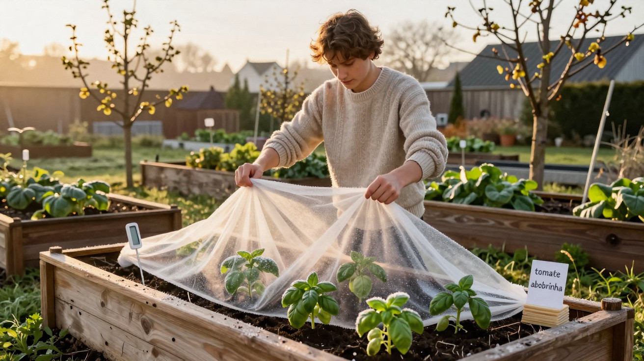 Person lifting protective netting over young tomato plants in a raised garden bed at sunset.