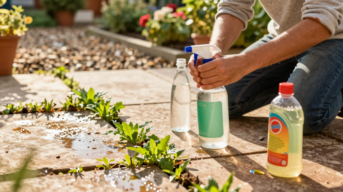 Person kneeling on a patio preparing spray bottles to remove weeds growing between paving stones outdoors.