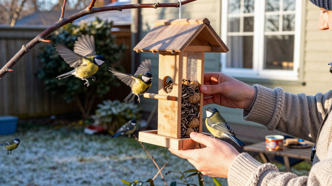 Person feeding birds with a wooden bird feeder filled with nuts in a frosty garden.