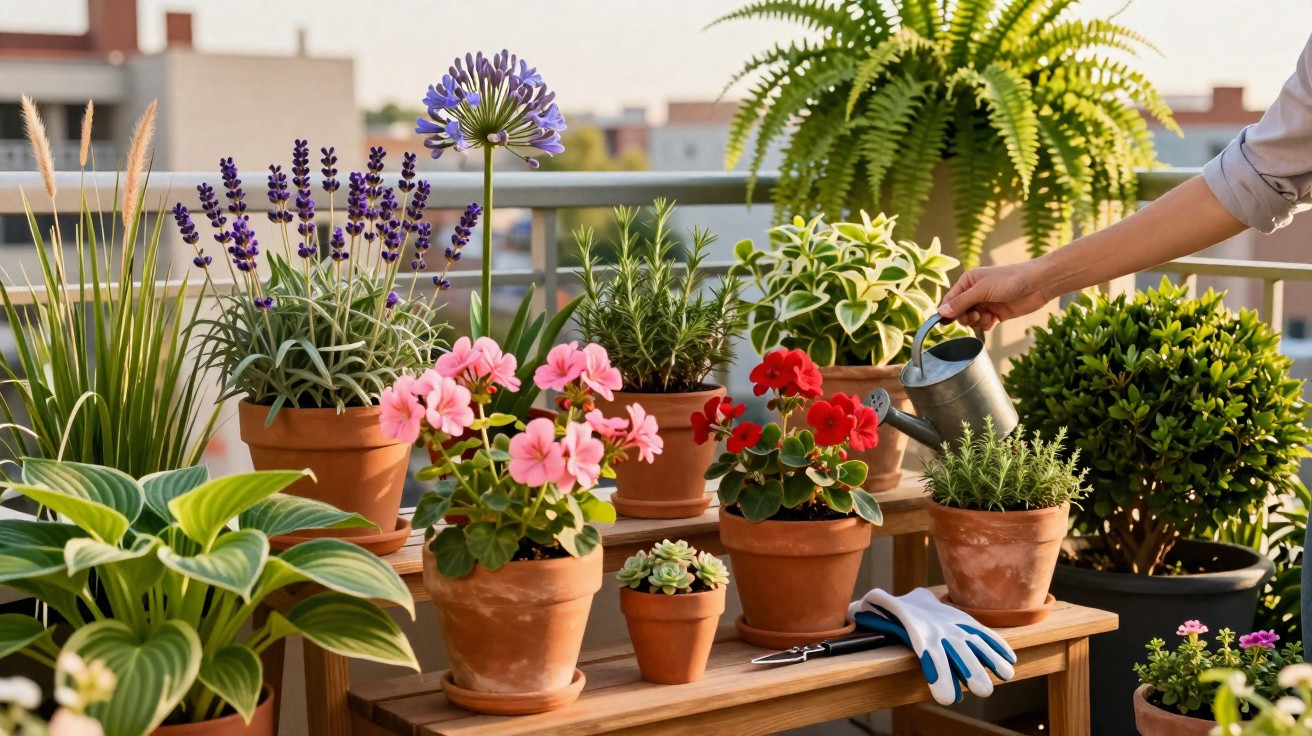 Various potted flowering and leafy plants on a balcony table with a person watering them using a watering can.