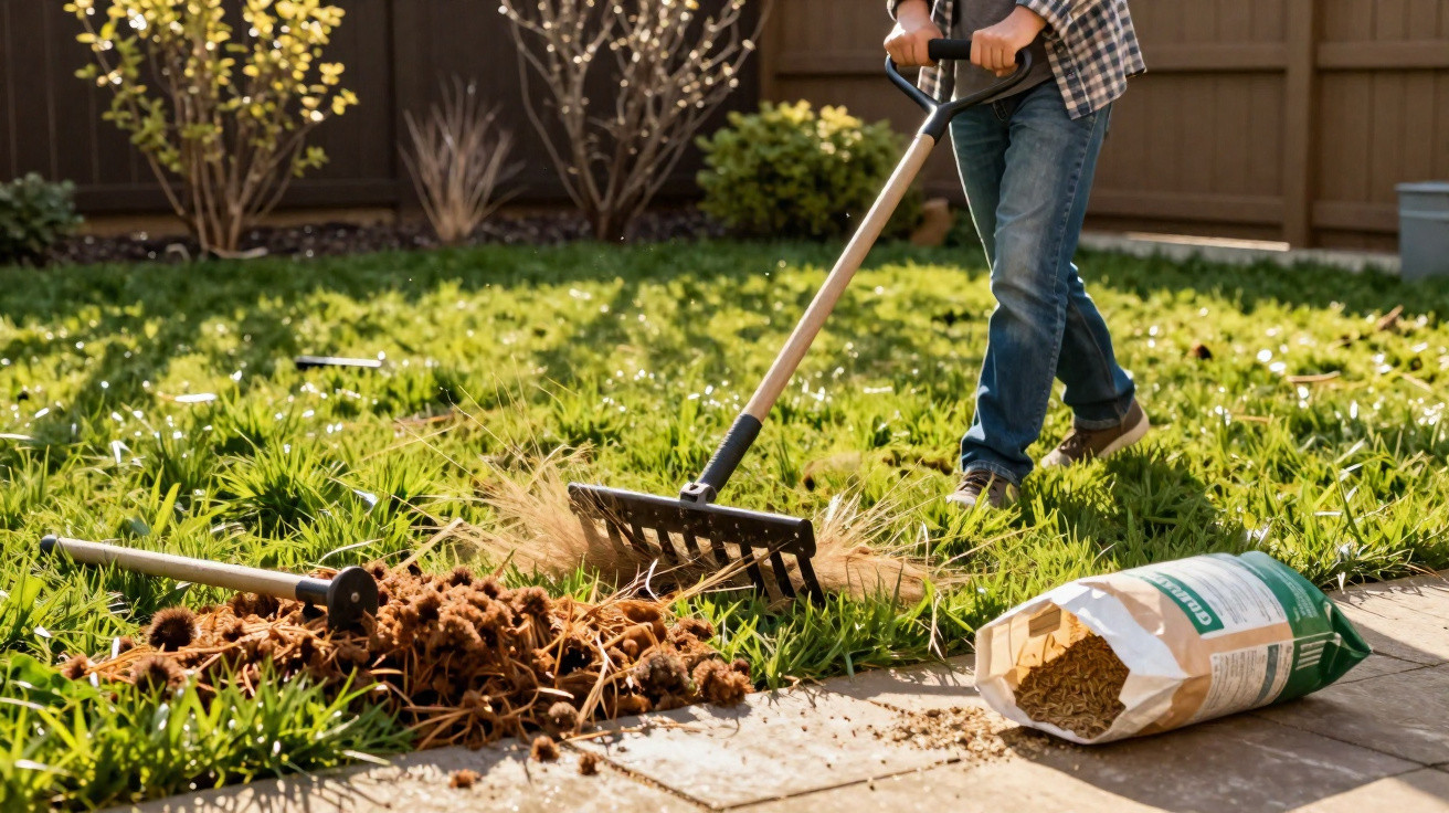 Person raking dry grass and debris on lawn near garden tools and spilled bag of lawn fertiliser pellets.