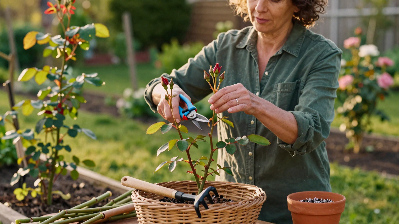 Woman pruning rose stems in a garden while arranging them in a wicker basket on a wooden table.