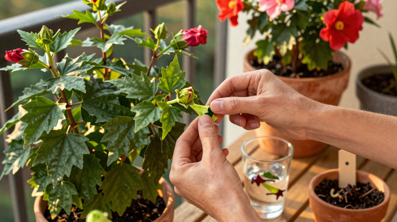 Hands gently pruning a flowering hibiscus plant in a terracotta pot on a balcony garden table.
