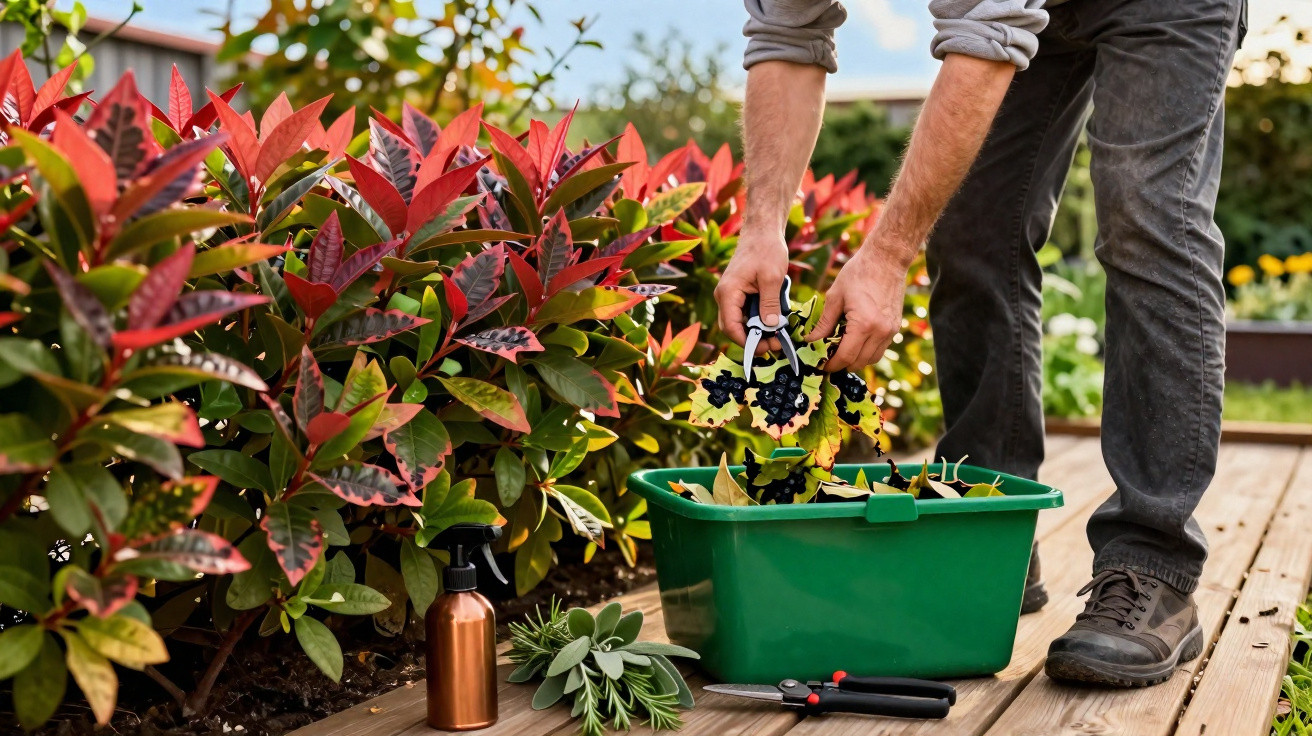 Person collecting ripe black berries from a bush into a green container on a wooden garden deck.