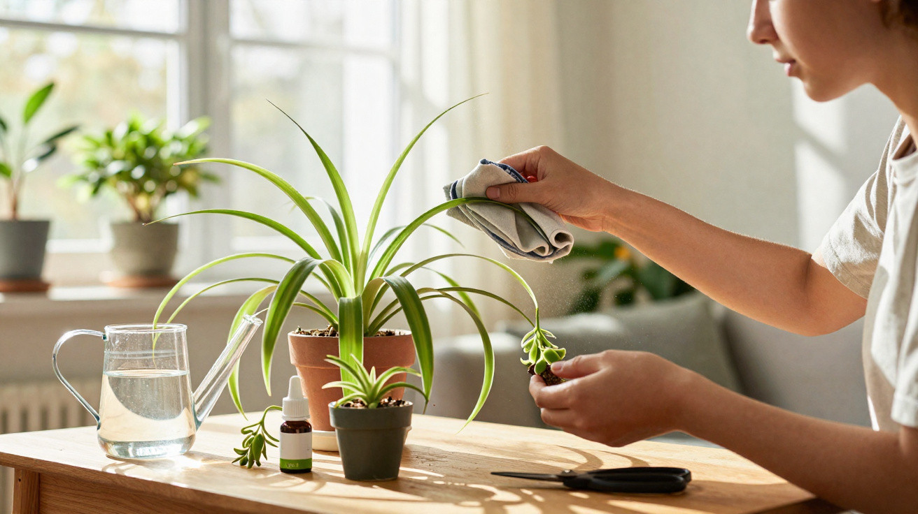 Person tending to small potted plants on a wooden table in bright natural light by a window.