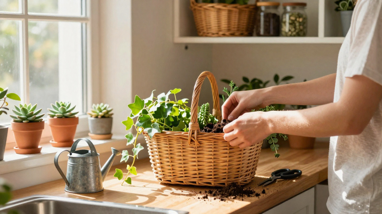Person tending to potted plants in a wicker basket on a kitchen counter near a window with sunlight.