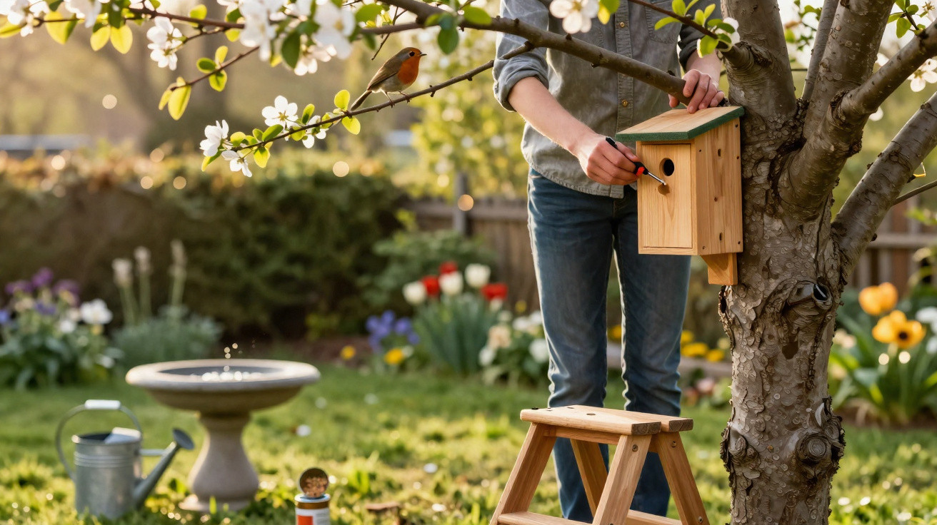 Person installing wooden birdhouse on tree branch in blooming garden with robin perched nearby.