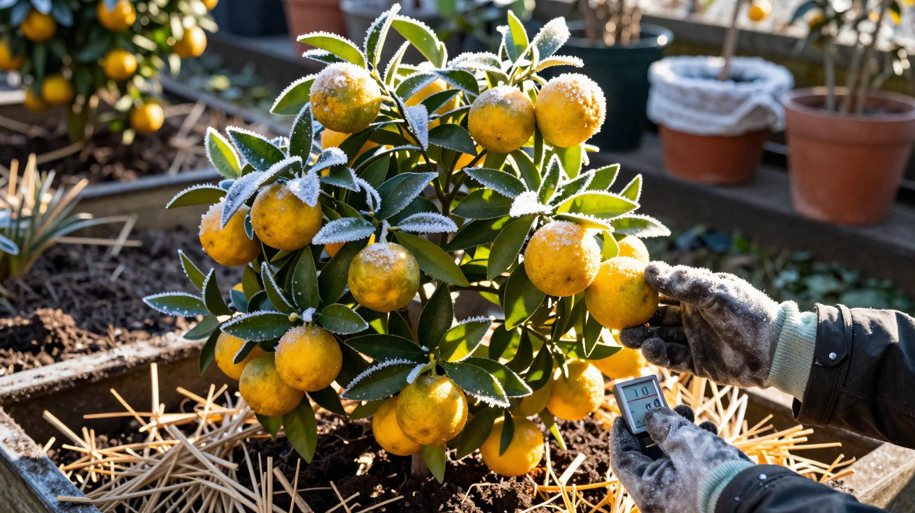 Frost-covered orange tree in a garden bed with gloved hands holding a temperature gauge nearby.