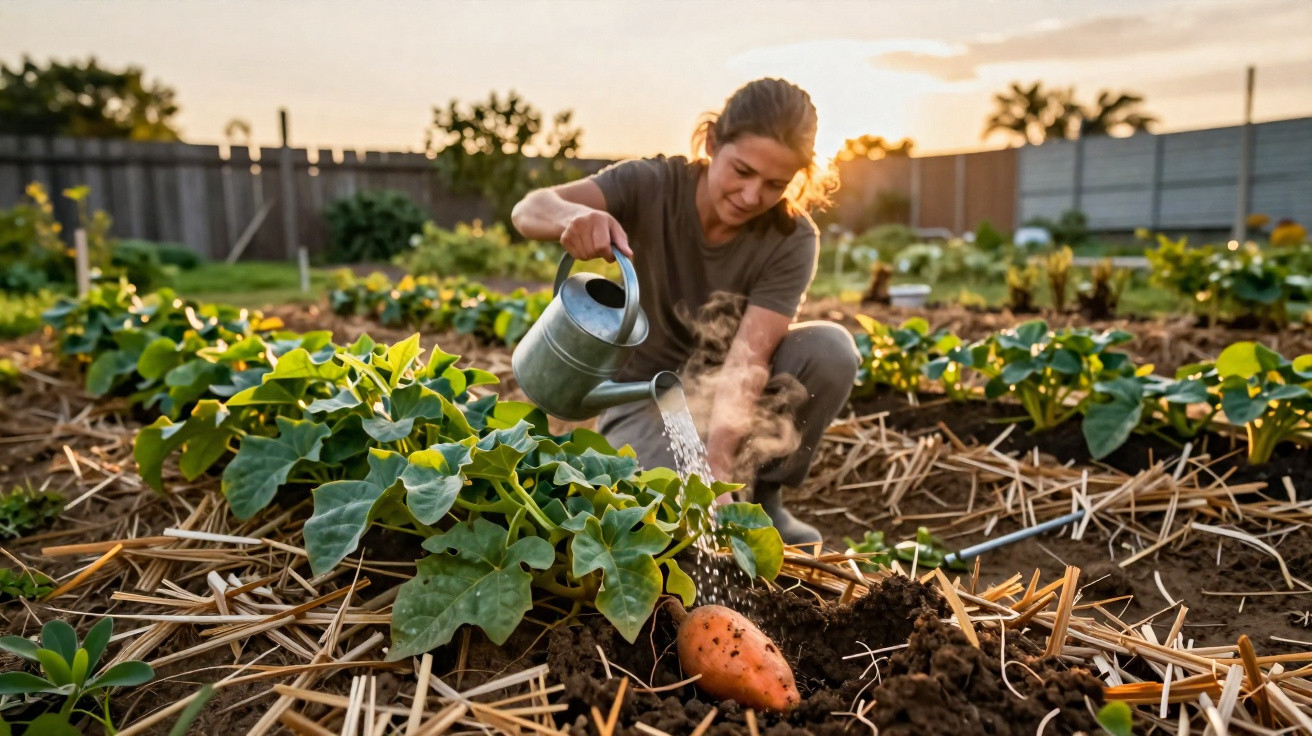 Woman watering plants in a vegetable garden with sweet potatoes at sunset.