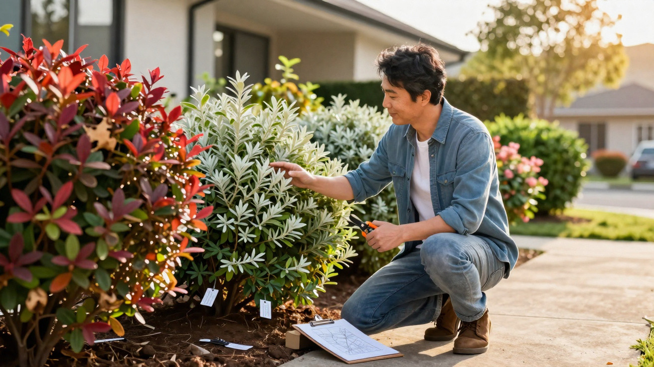 Man kneeling in garden examining plants with pruning shears and clipboard beside him on pathway