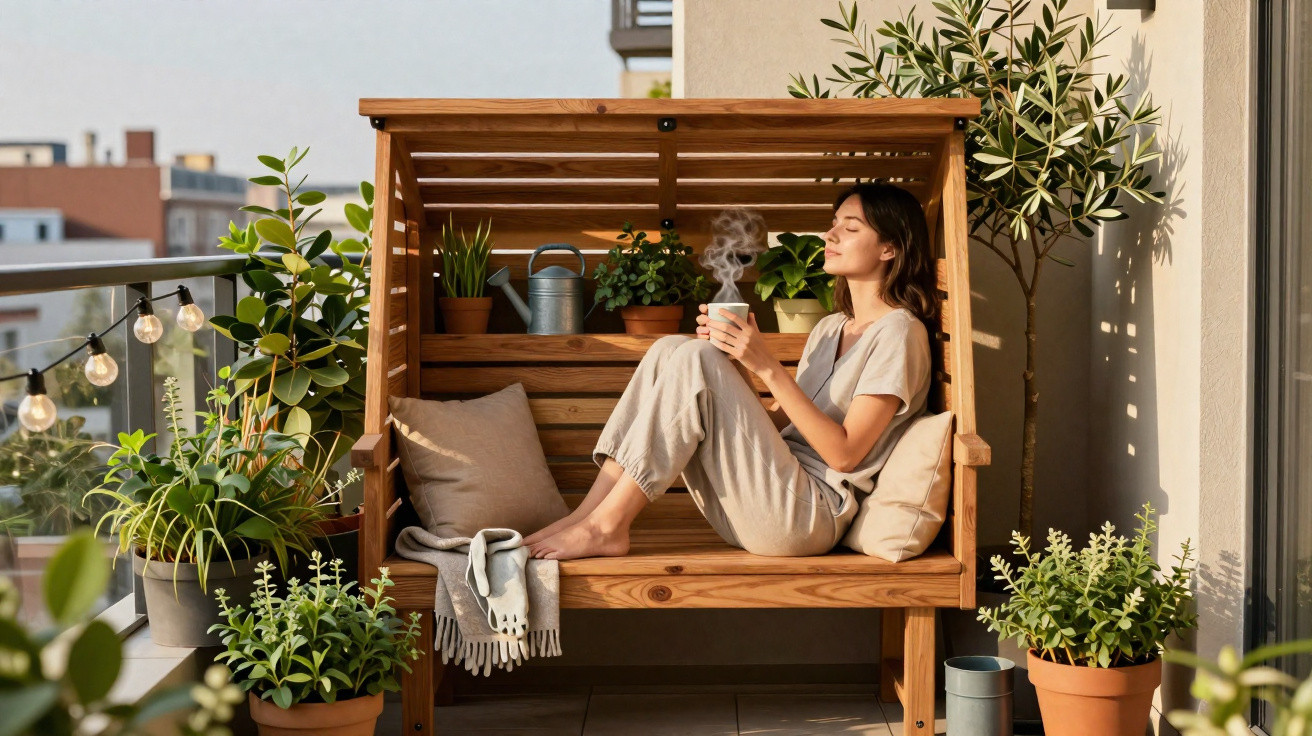 Woman relaxing with a hot drink on a wooden bench surrounded by potted plants on a sunny balcony.