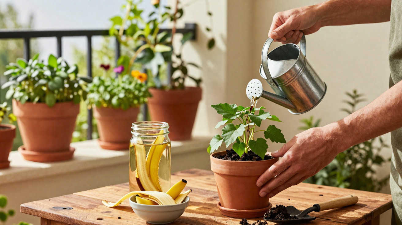 Person watering a potted plant on a wooden table with gardening tools and a jar with bananas nearby.