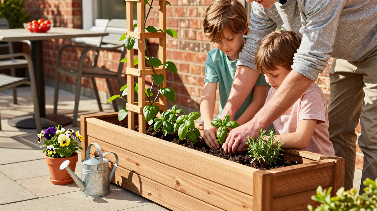 Adult and two children planting herbs in a wooden raised garden bed on a patio.