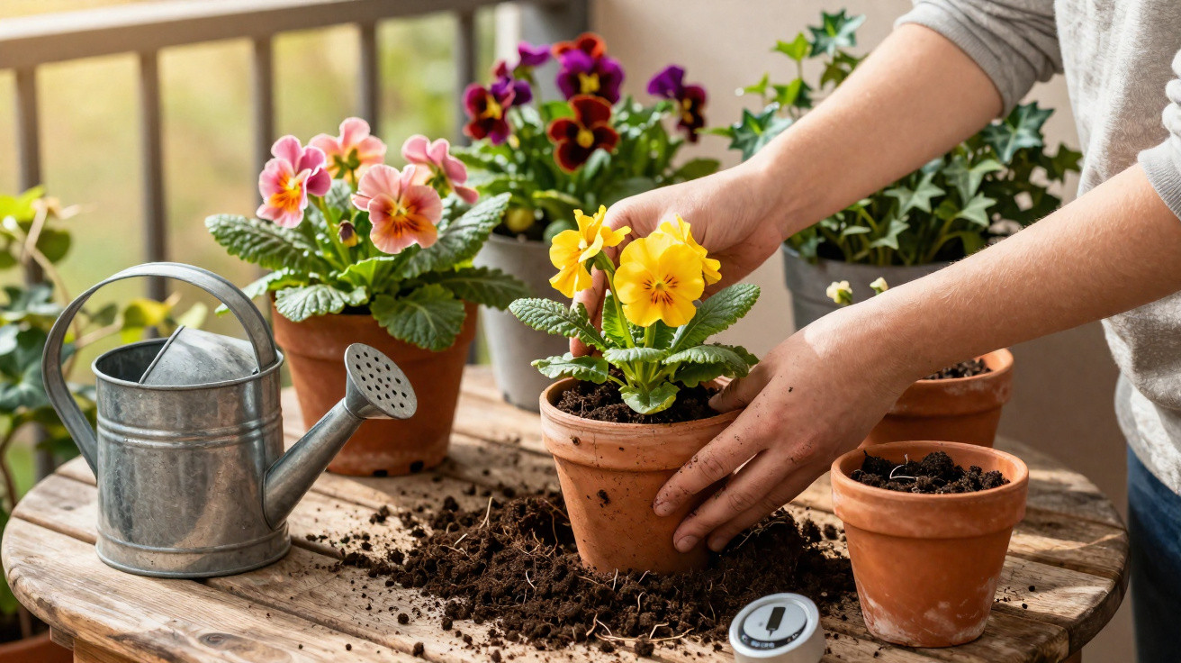 Hands planting yellow primrose in a terracotta pot on a wooden table with other potted flowers and a watering can.