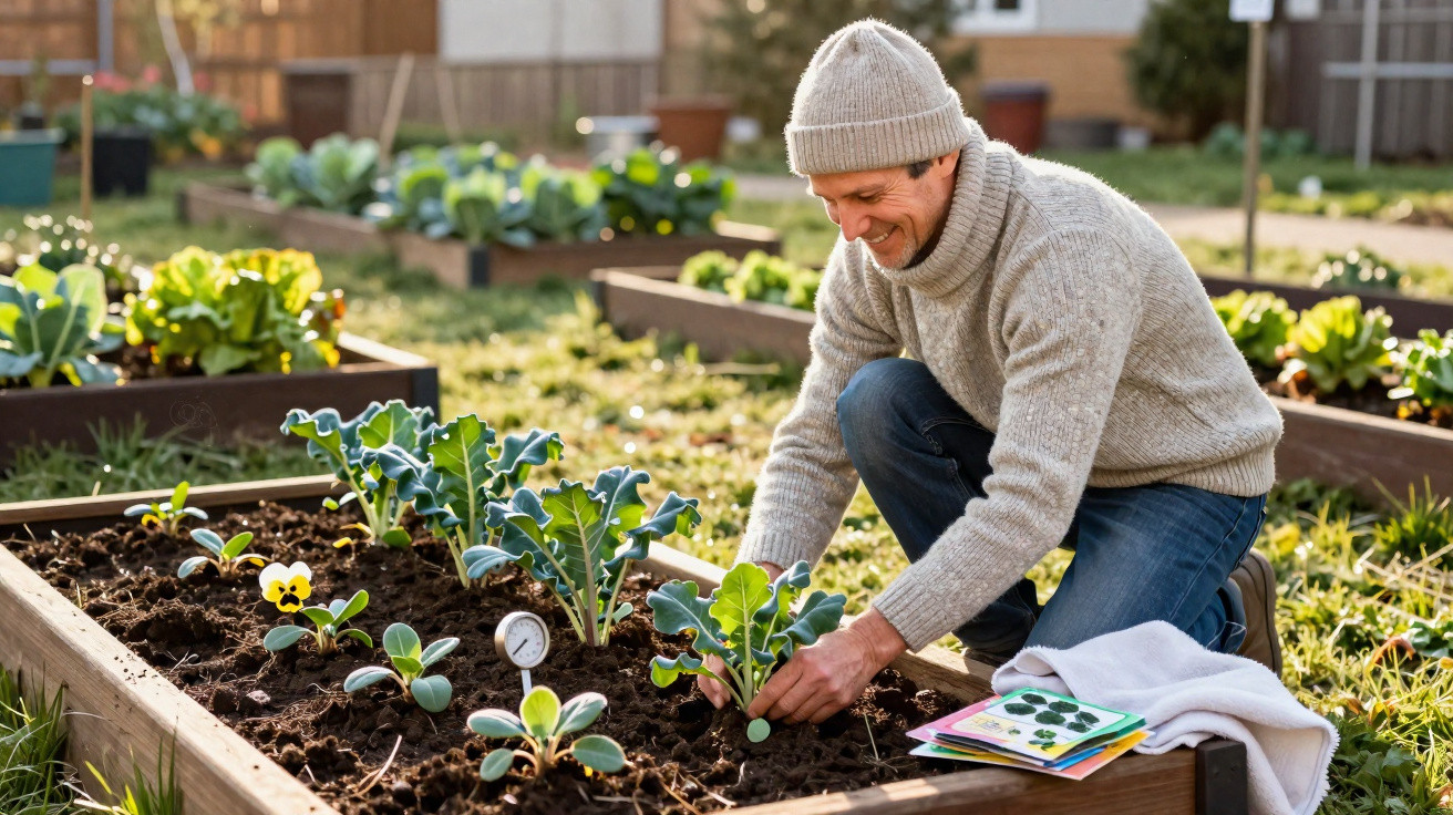 Man in a grey jumper and hat tending to leafy greens in a raised garden bed on a sunny day.