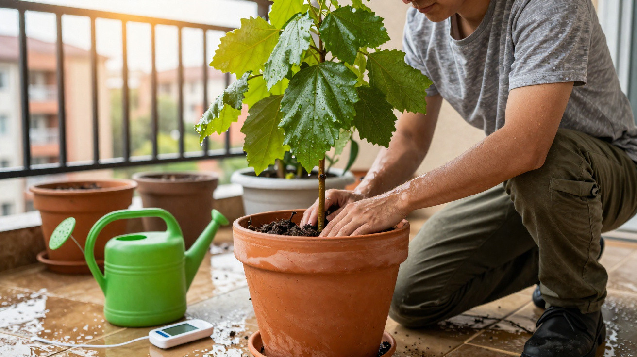 Person kneeling on a balcony planting a young leafy plant in a large terracotta pot with gardening tools nearby.