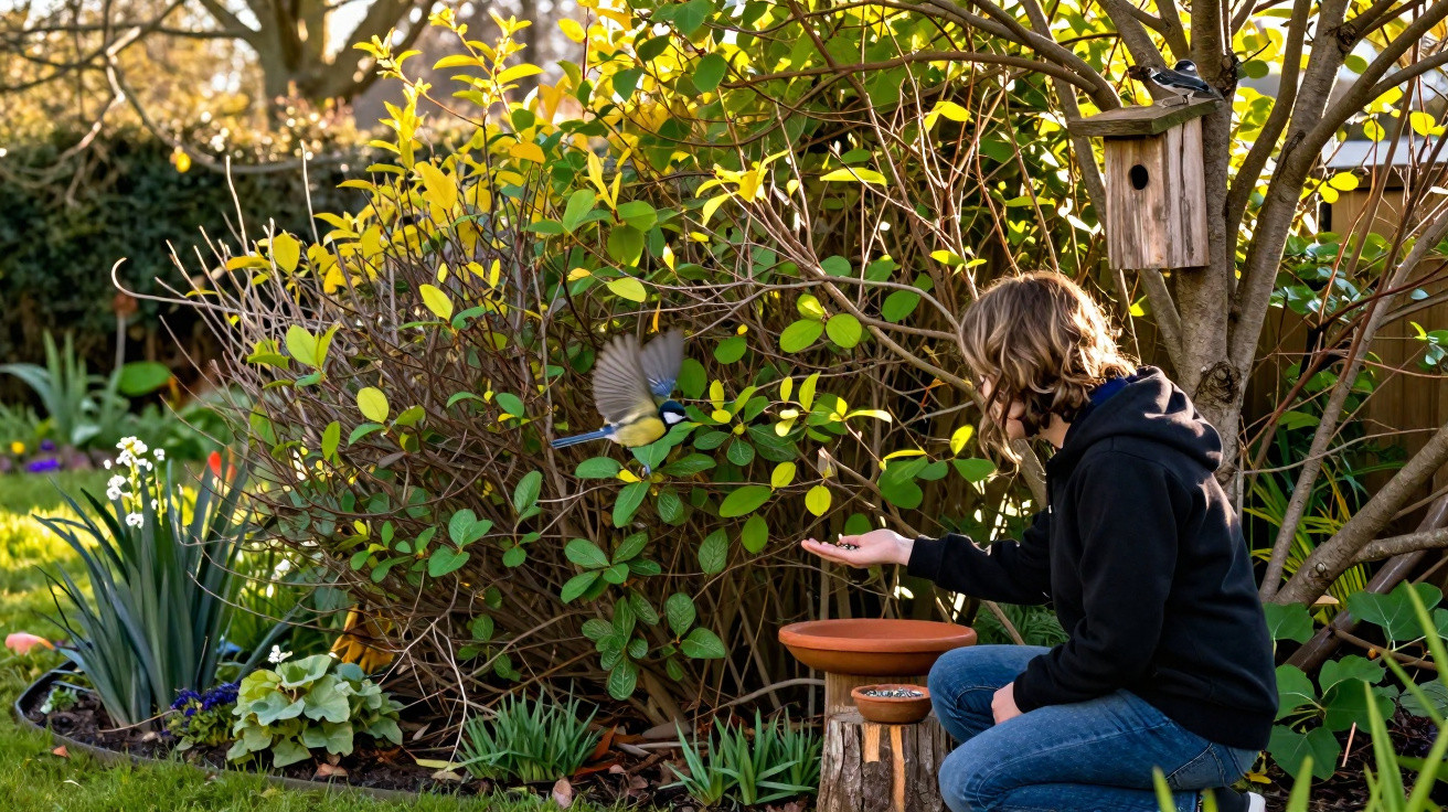 Person kneeling in garden feeding a small bird near a birdhouse on a tree at sunset.