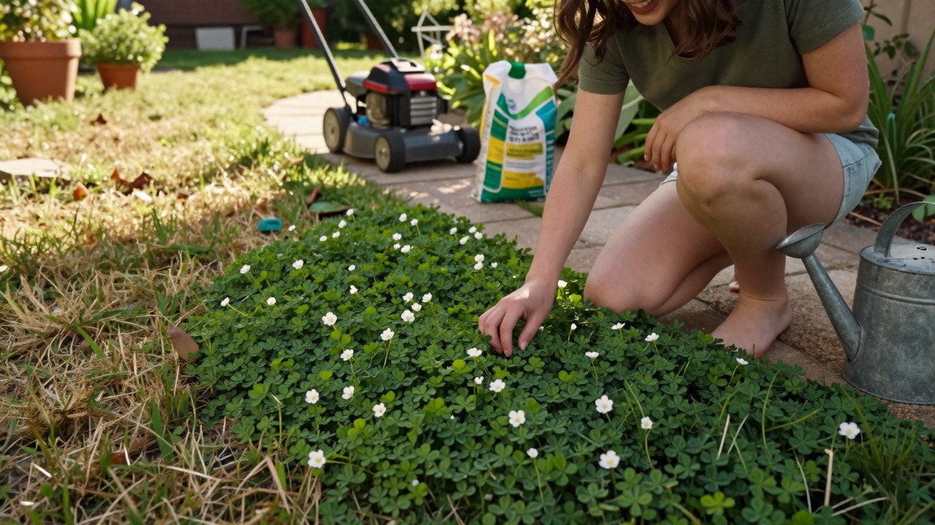 Person gardening, tending to small white flowers in a patch of green clover beside a lawn mower and watering can.