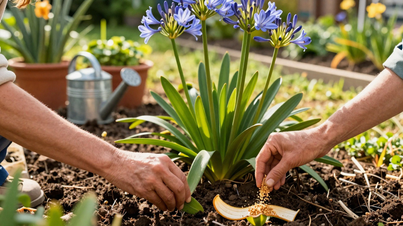 Two hands planting seeds in soil near a blooming agapanthus flower in a garden bed.