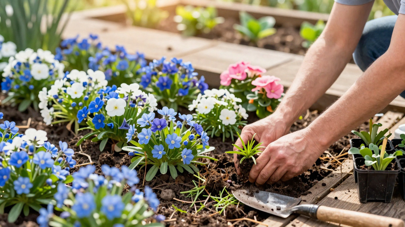 Person planting young green plants among blooming blue, white, and pink flowers in a garden bed.