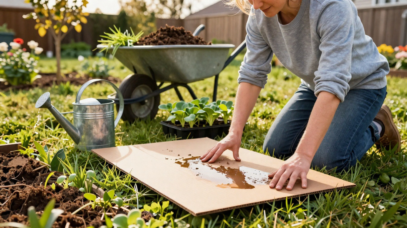 Person kneeling on grass watering cardboard with a watering can near seedlings and a wheelbarrow with soil.