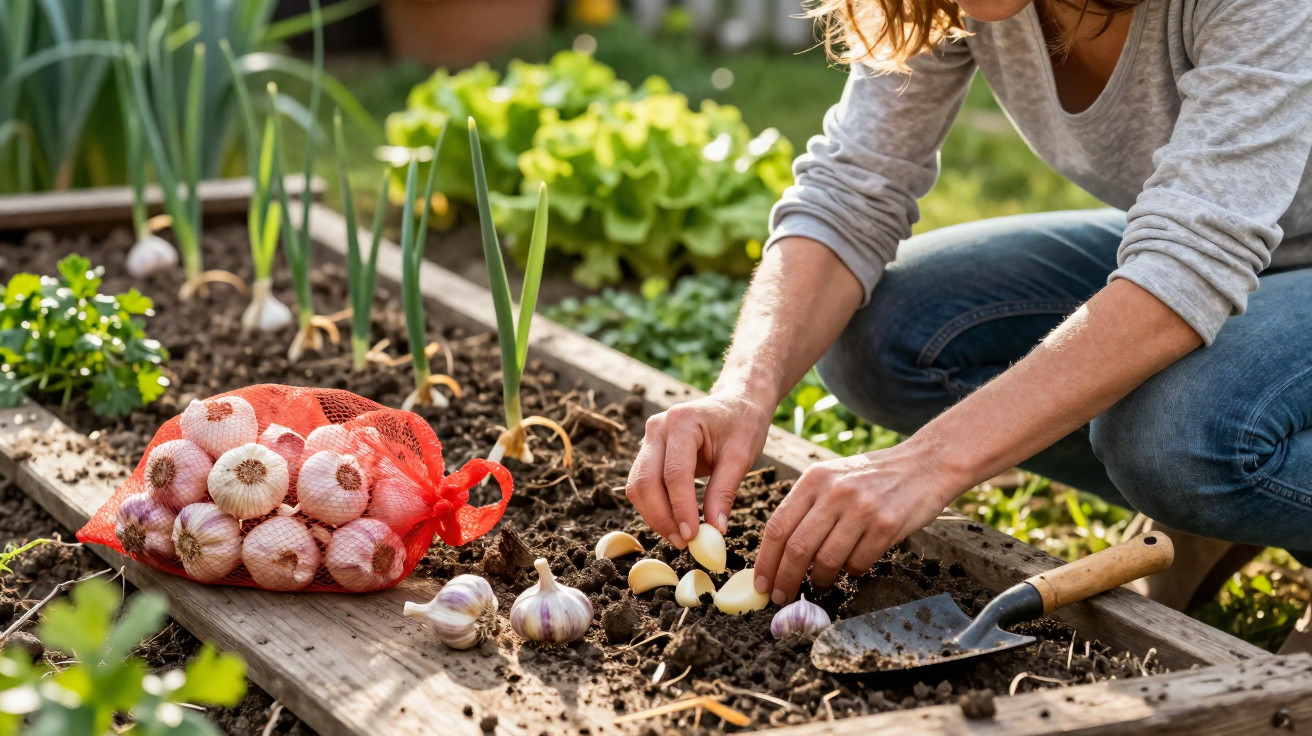 Person planting garlic cloves in a raised garden bed with a bag of garlic bulbs nearby.
