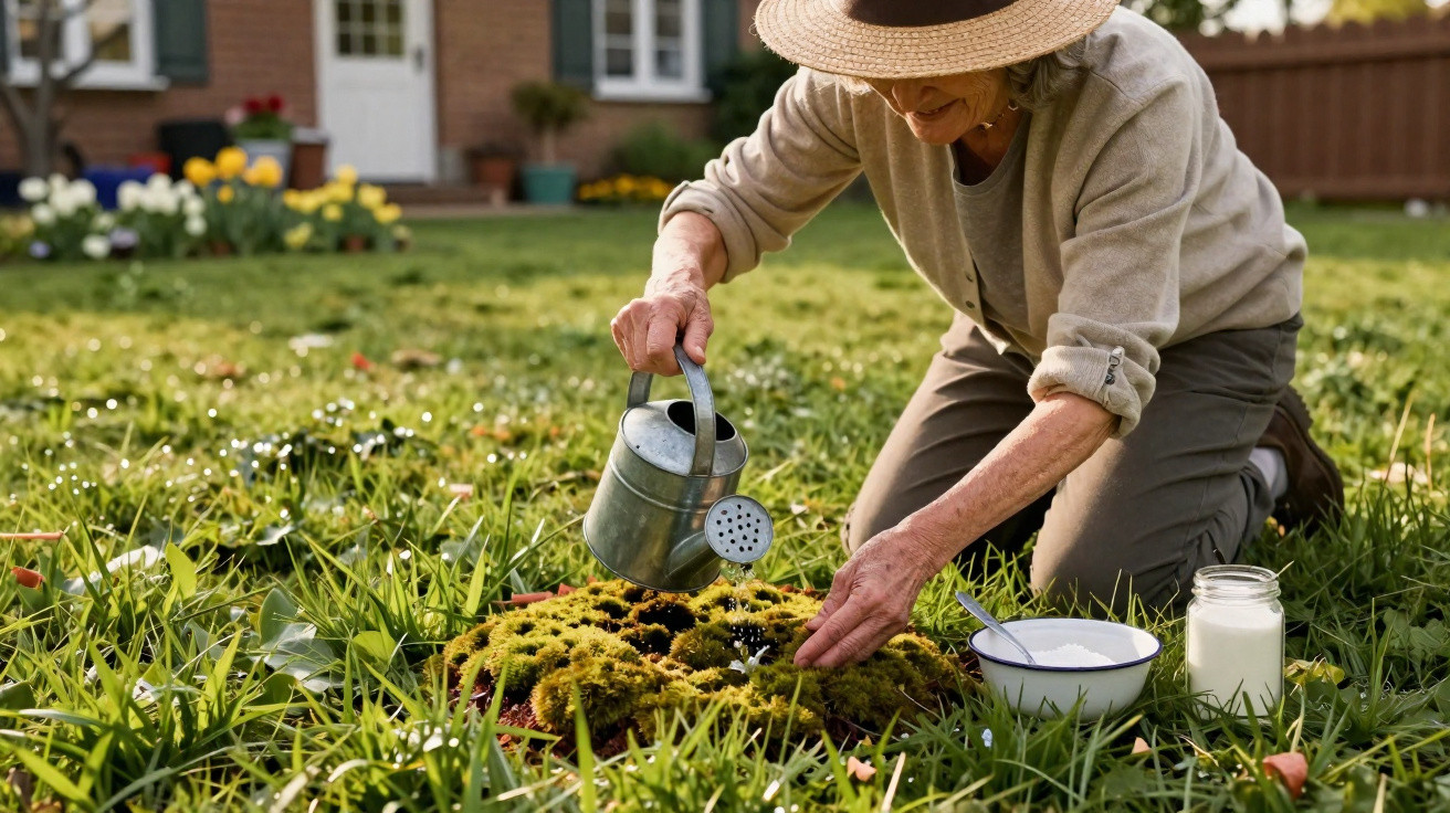 Elderly person wearing a hat watering plants in a garden on a sunny day with containers nearby.