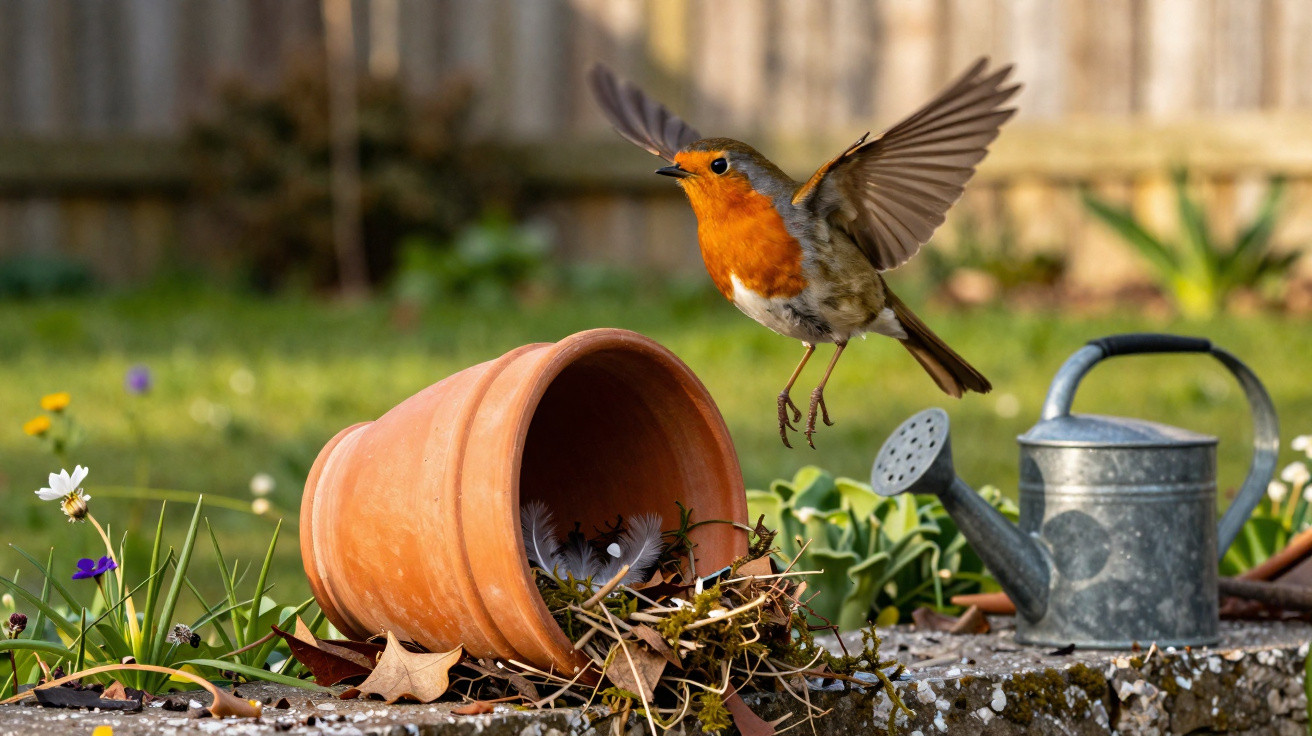 A robin mid-flight above a fallen terracotta pot with nest materials beside a metal watering can in a garden.