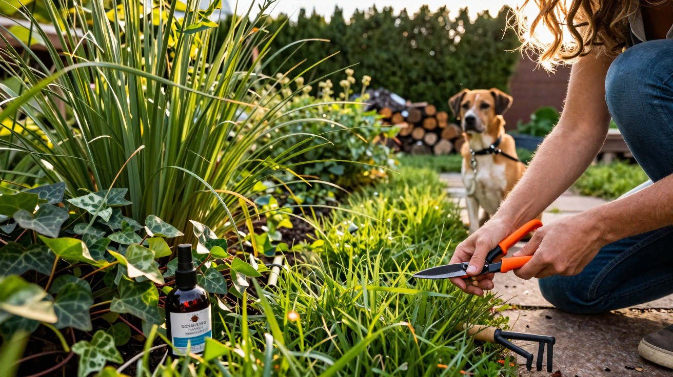 Person trimming plants in a garden with a dog sitting nearby on a sunny day.