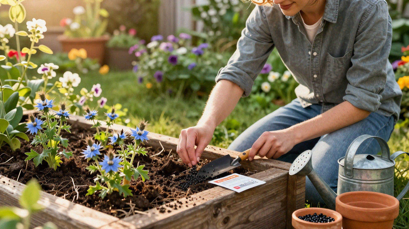 Person planting seeds with a trowel in a raised garden bed surrounded by flowers and gardening tools.