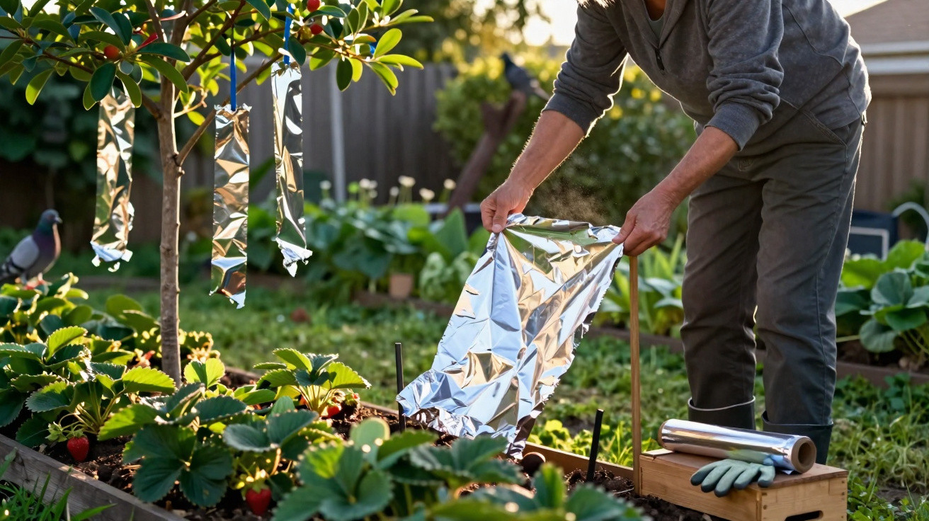 Person attaching reflective foil strips to a small fruit tree in a strawberry garden bed at sunset.