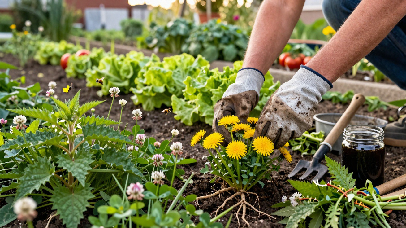 Hands wearing gardening gloves pulling yellow dandelion weeds from a vegetable garden bed.