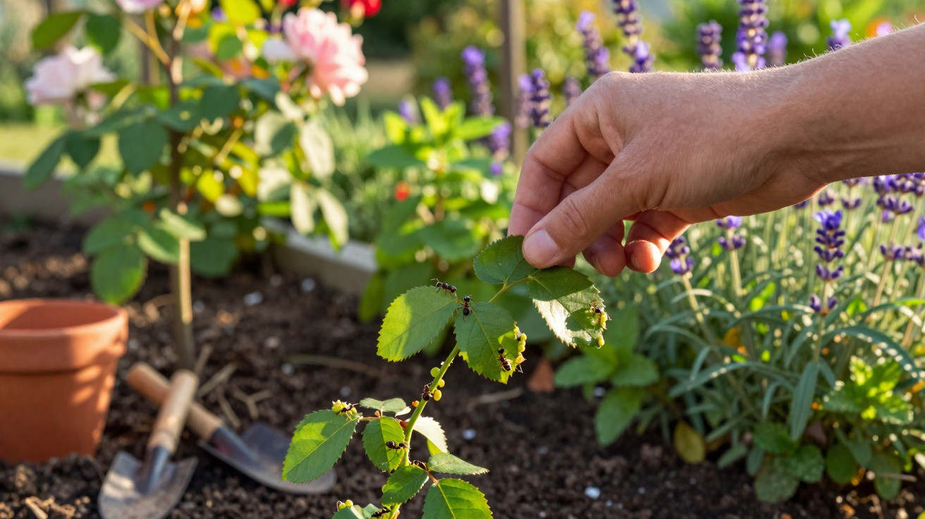 Hand holding a leaf with ants in a garden bed with flowers and gardening tools in the background.