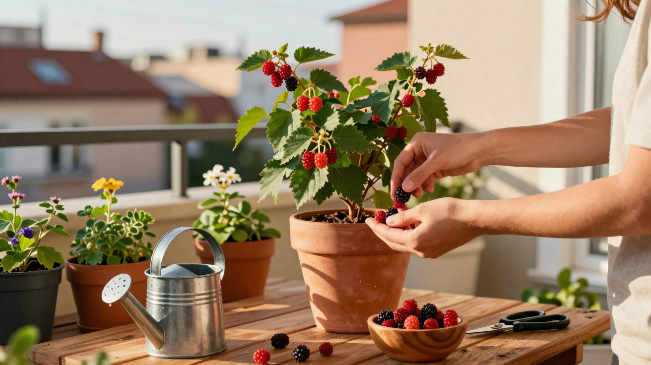 Person picking ripe blackberries from a potted plant on a wooden table with gardening tools and flowers.