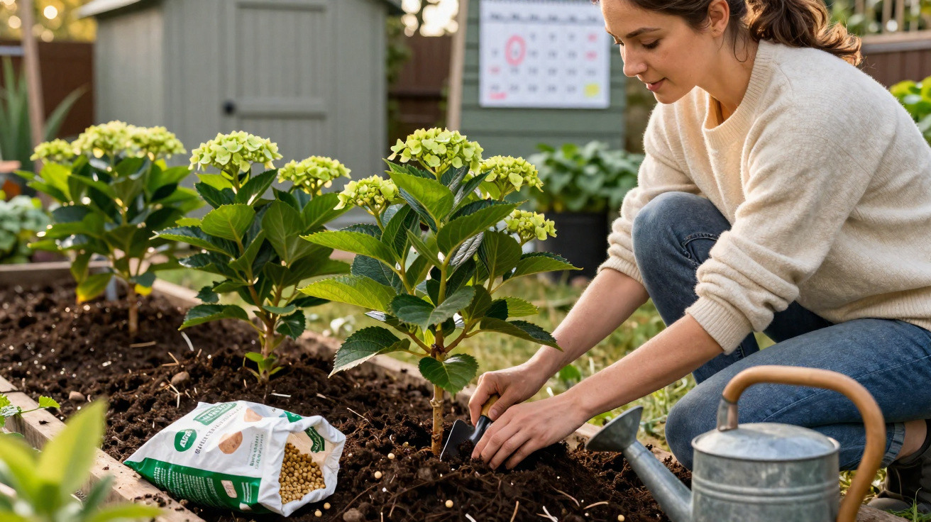 Woman planting young hydrangea plants in a garden bed with gardening tools and fertiliser nearby.