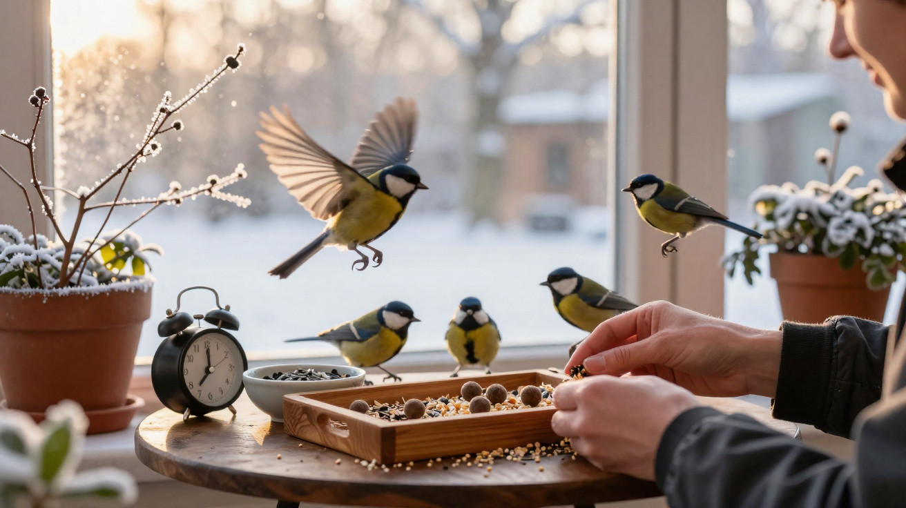 Person feeding great tits on a table inside by a frosted window on a winter day.