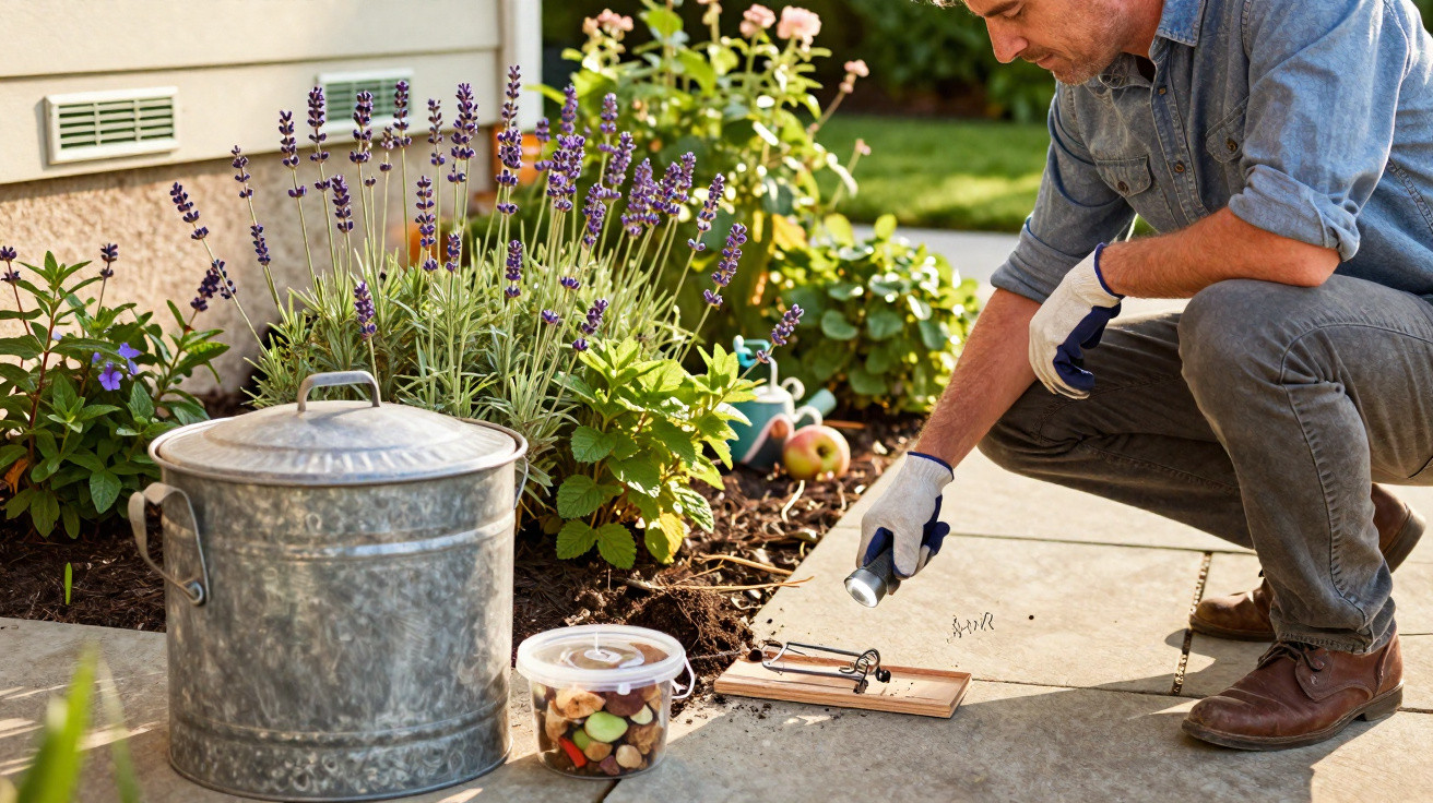 Man setting a mouse trap on a patio near a garden bed with flowers and a metal bin.