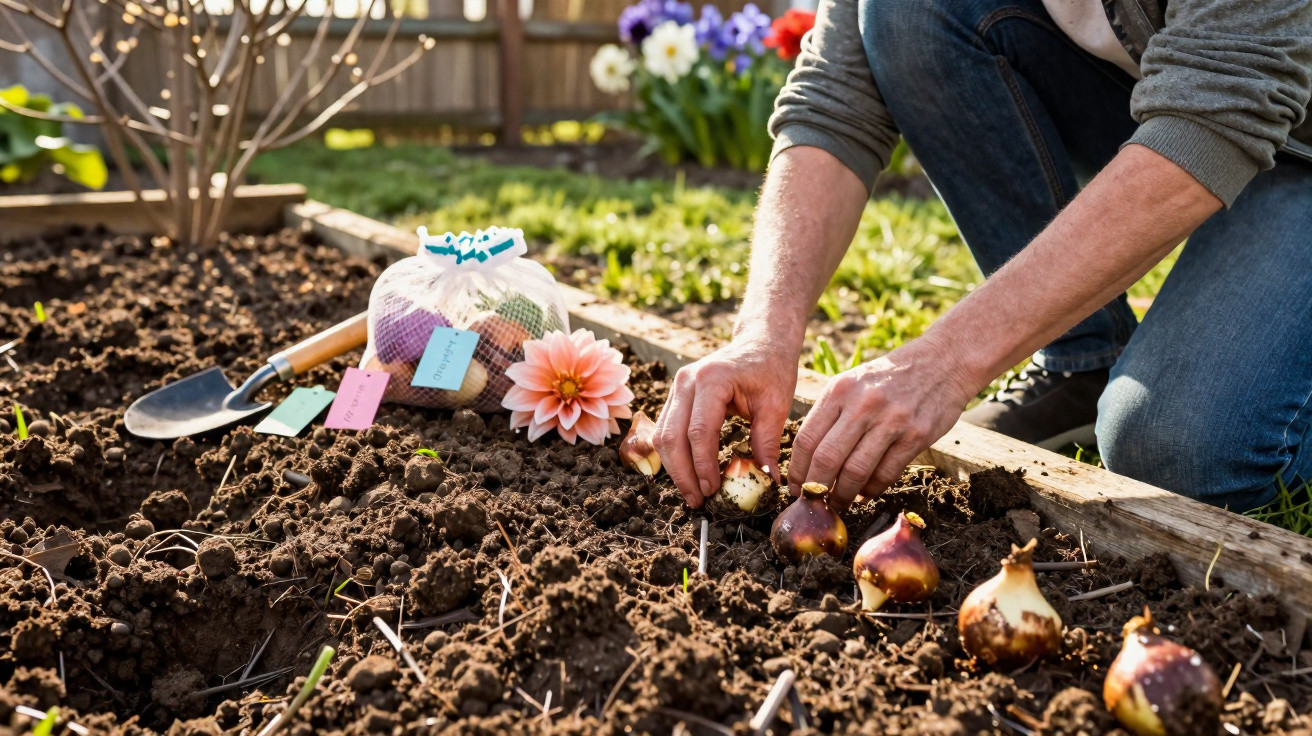Person planting flower bulbs in soil in a garden bed with a bag of bulbs and a trowel nearby