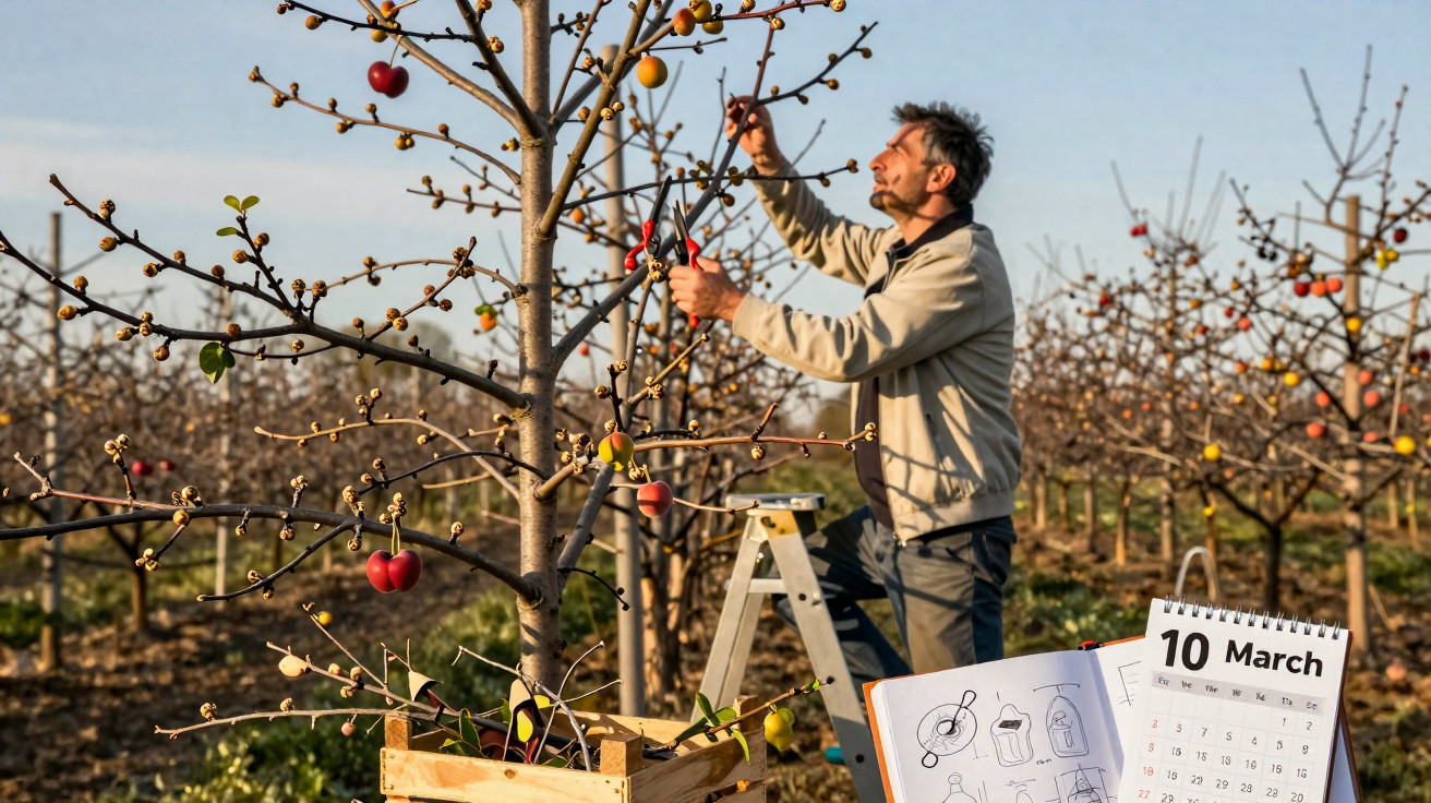 Man pruning fruit tree in orchard with calendar showing 10 March and gardening sketches in foreground