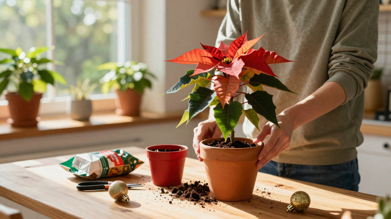 Person repotting a red poinsettia plant on a wooden kitchen table with gardening tools and soil nearby