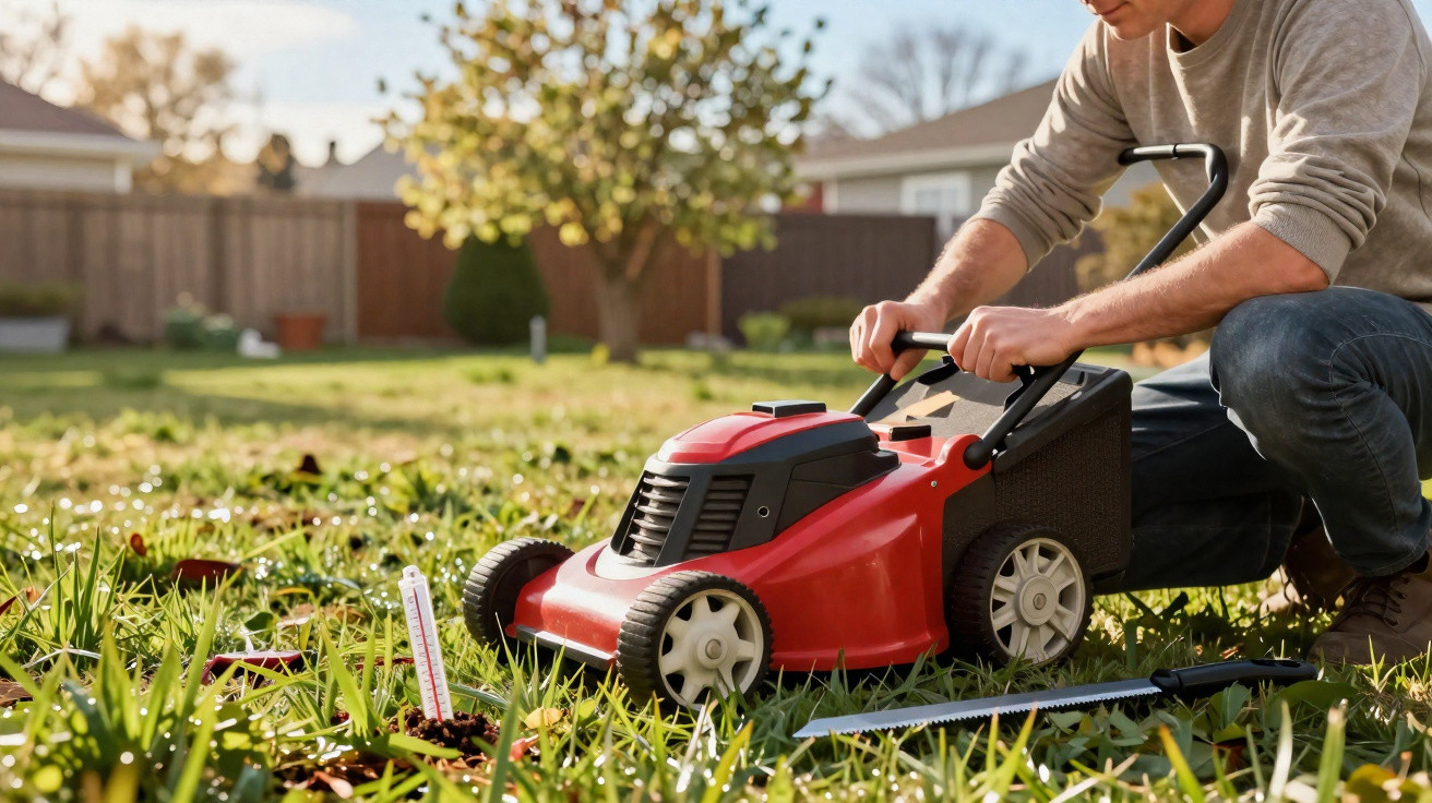 Person adjusting a red electric lawn mower on grass in a sunny backyard with a garden saw nearby.