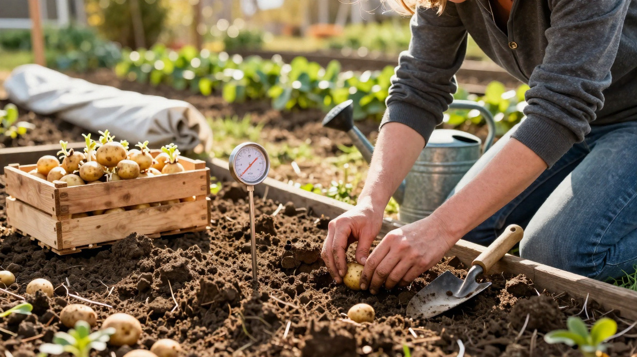 Person planting seed potatoes in soil in a garden bed with a crate of sprouted potatoes nearby.