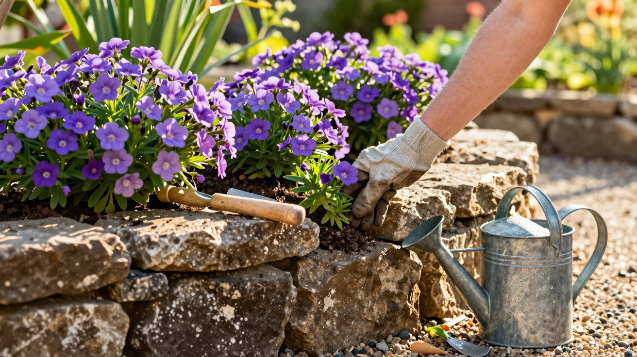 Hand in gardening glove planting purple flowers in raised stone bed with watering can nearby on gravel path